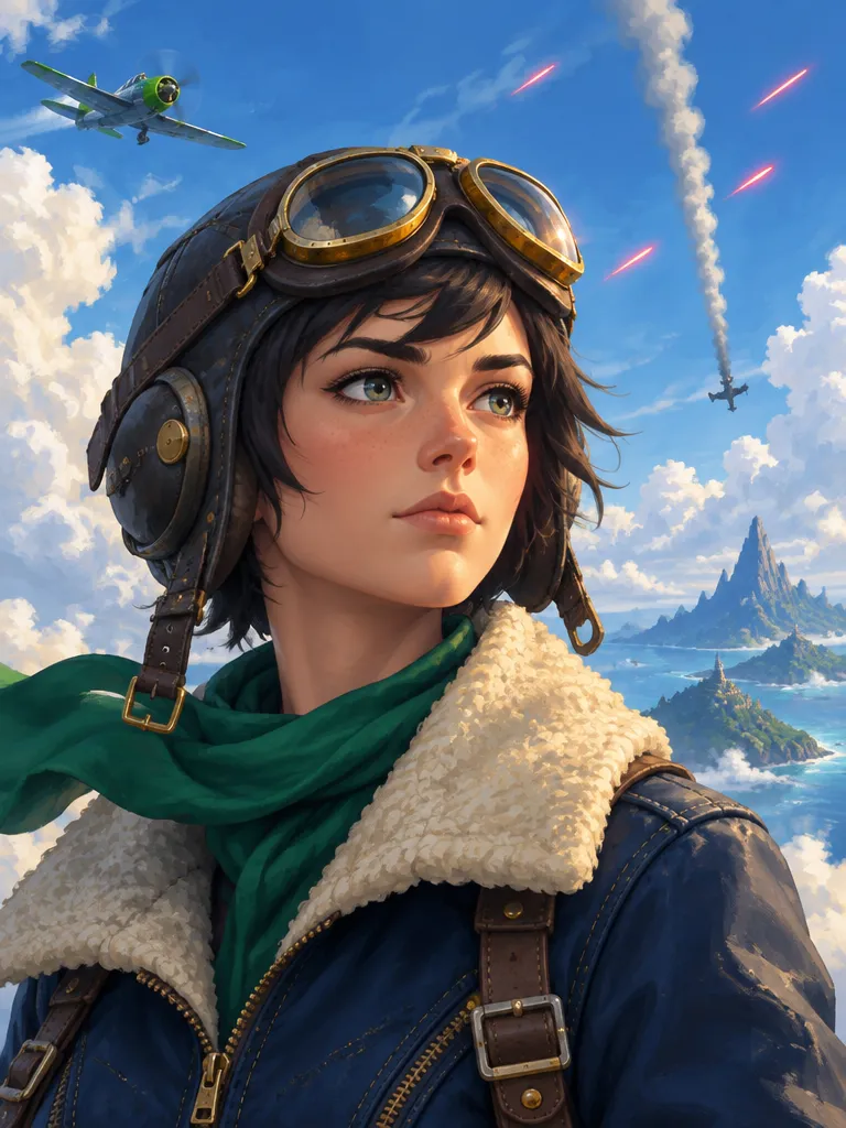 Mae Calloway, helm kulit dan kacamata terbang di dahi, jaket biru tinta dan syal hijau.