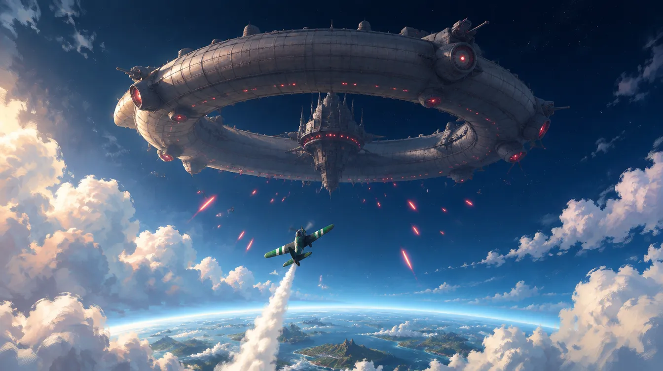 Langit biru tinta berbintang di atas lengkung dunia, kapal induk zeppelin berbentuk cincin melayang, pesawat bergaris hijau menanjak ke arahnya.